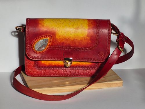 Kabelka kožená červeno-žlutá s Achátem